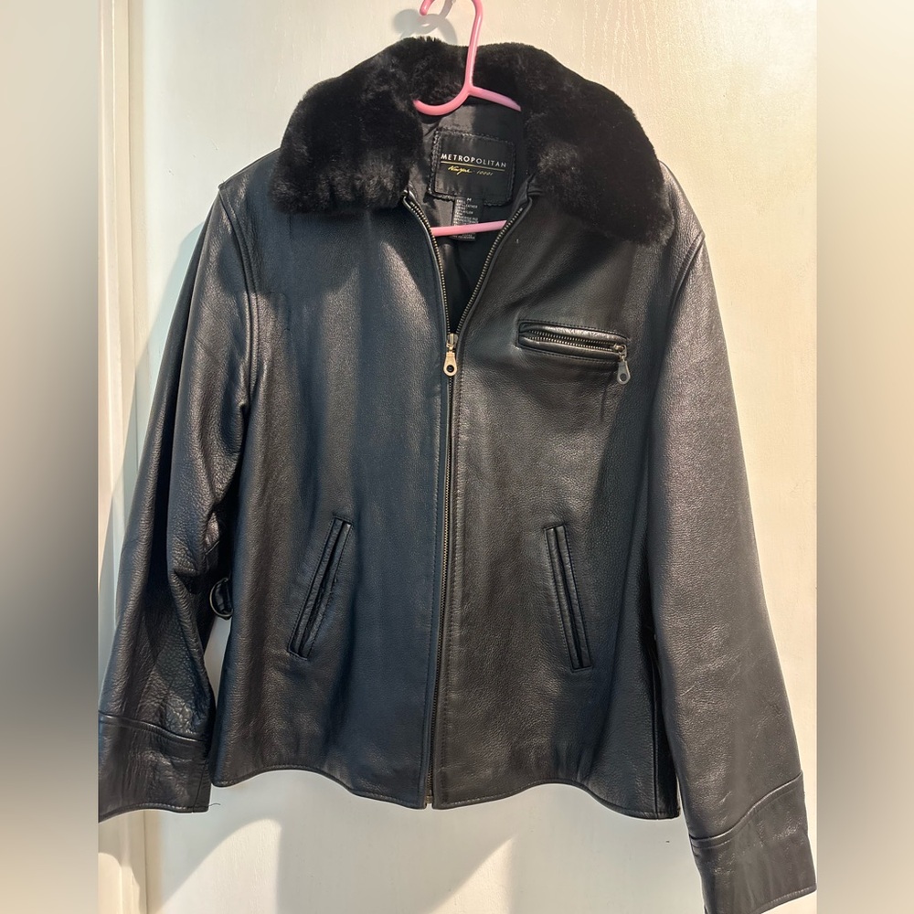 Women’s Black Leather Jacket with Fur Collar